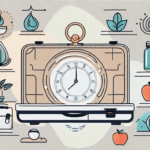 A balanced scale with wellness symbols like an apple