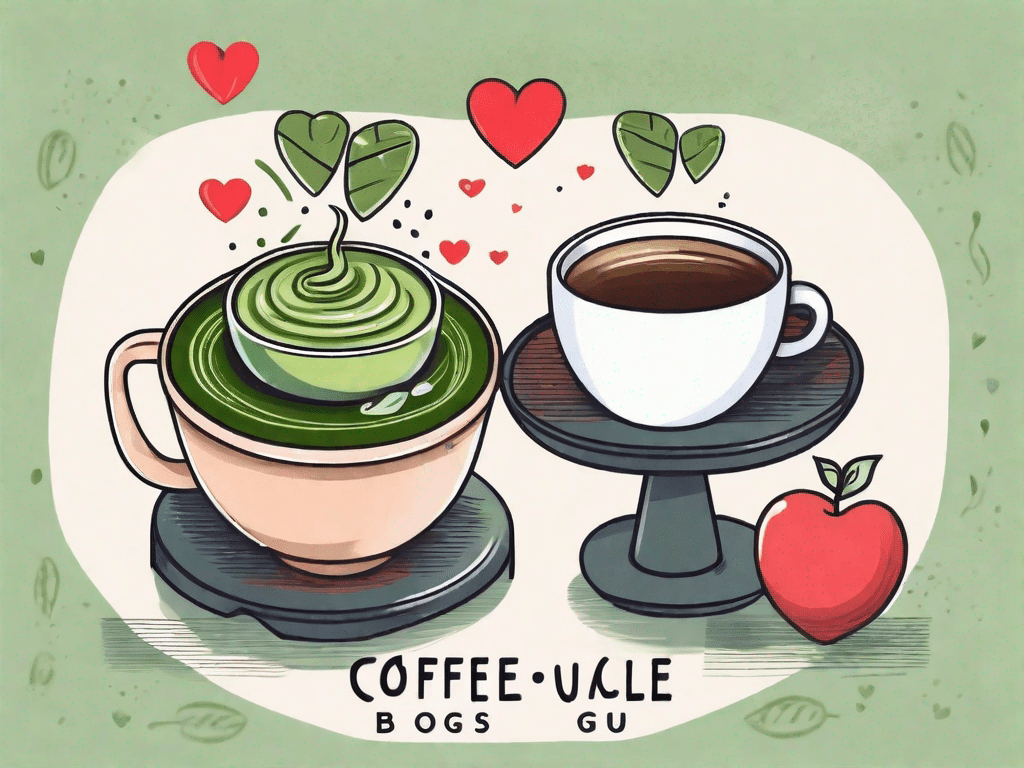 A matcha tea cup and a coffee mug on a scale