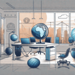 A futuristic office landscape with various symbols representing benefits such as a health icon