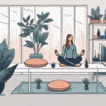 A peaceful office environment with elements like a yoga mat
