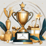 A golden trophy surrounded by various symbolic items representing different types of rewards such as gift boxes