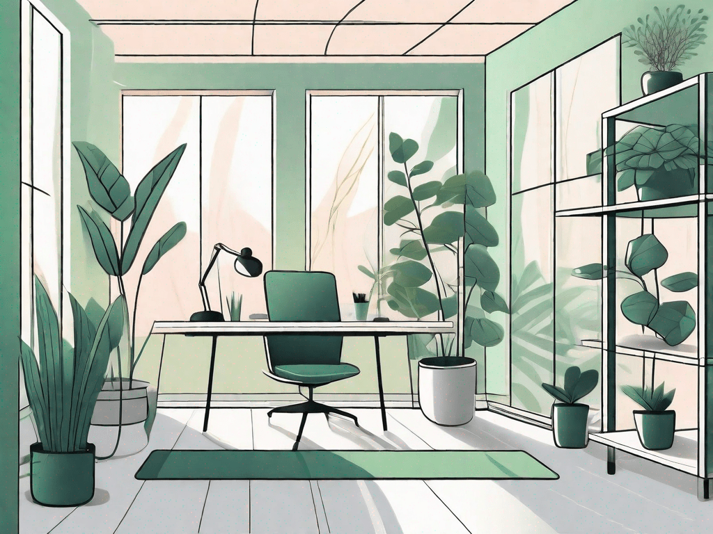 A serene office environment filled with green plants