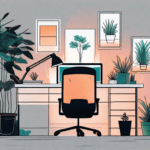 A dimly lit office desk with a wilted plant
