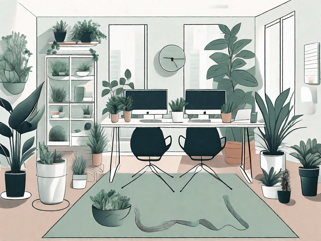 A thriving office environment filled with wellness elements like yoga mats