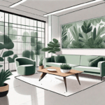 A modern office space filled with green plants