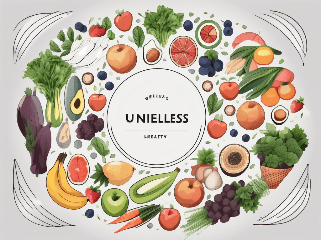 A variety of exercise equipment and healthy foods arranged in a circular pattern