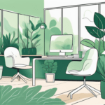 A serene office environment with elements such as a calming water feature