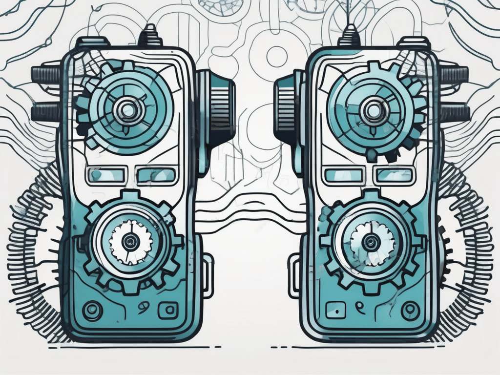Two walkie-talkies connected by waves