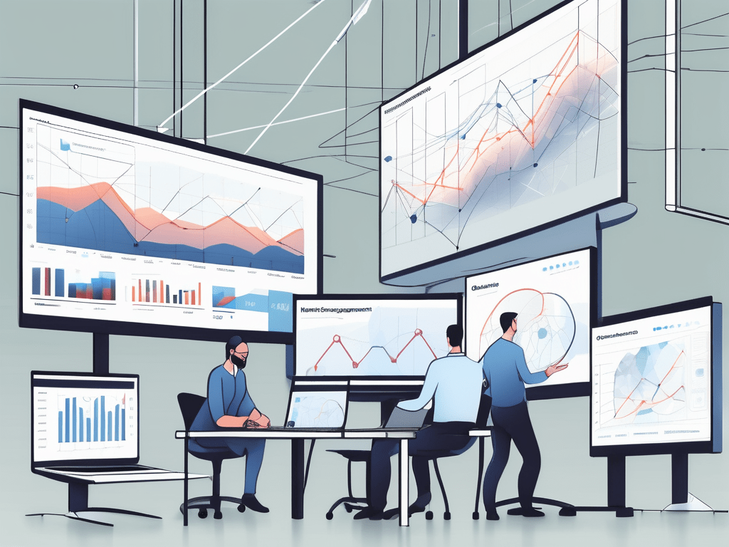 Several digital screens displaying various engagement tools such as graphs
