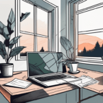 A dimly lit office desk with scattered papers