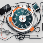 A clock entwined with various technology items like a smartphone