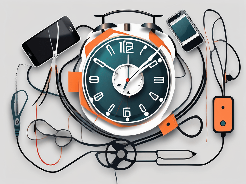 A clock entwined with various technology items like a smartphone