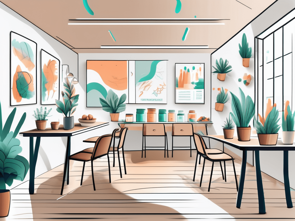 A vibrant and lively workshop setting filled with various elements like a presentation board