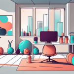 A vibrant workplace environment with various fitness elements like yoga mats