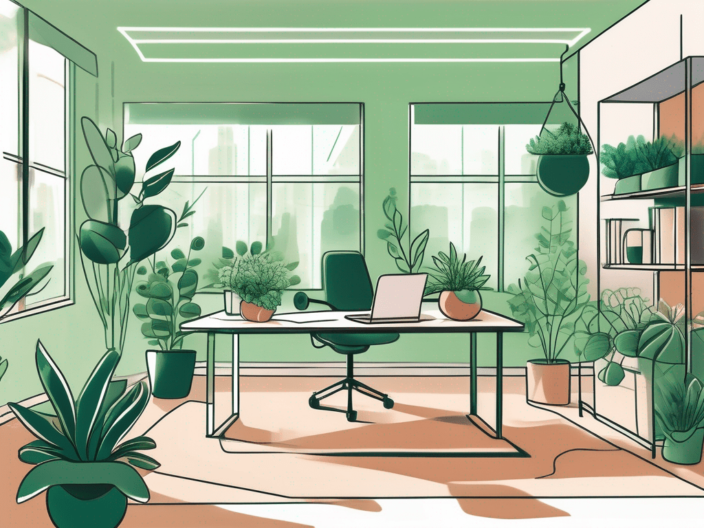 A vibrant workplace environment filled with lush green plants