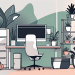 A modern office setting filled with various elements promoting health and productivity such as standing desks