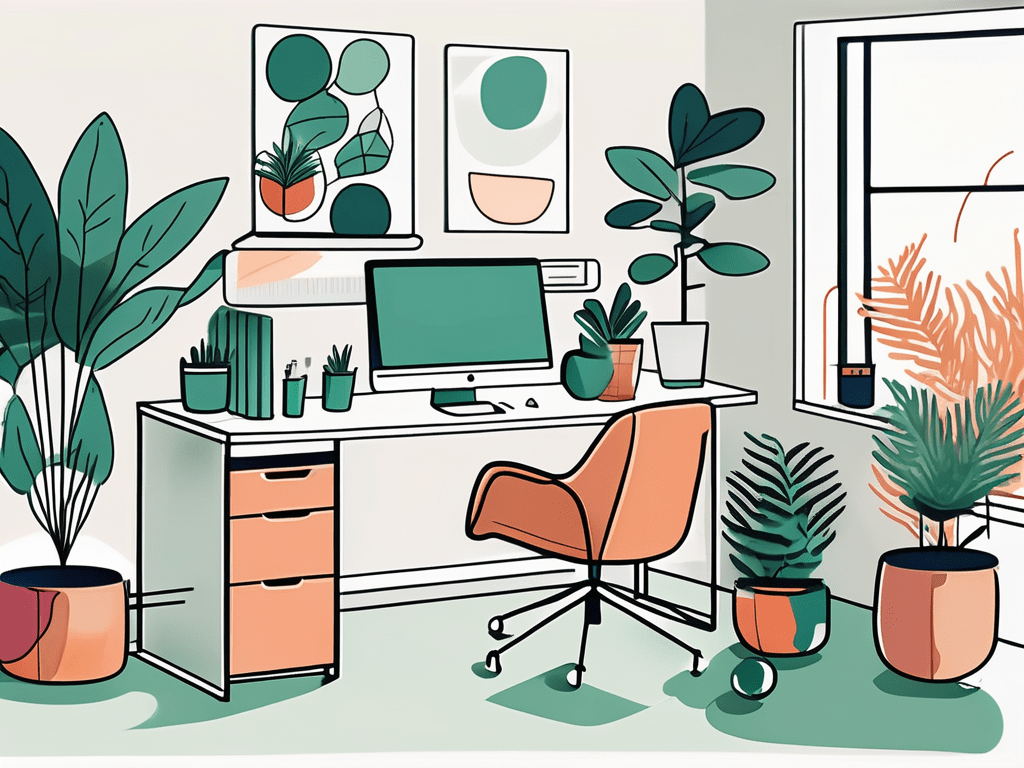 A vibrant office environment filled with wellness elements such as standing desks