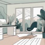 A serene office environment filled with innovative mental health support elements like a meditation room