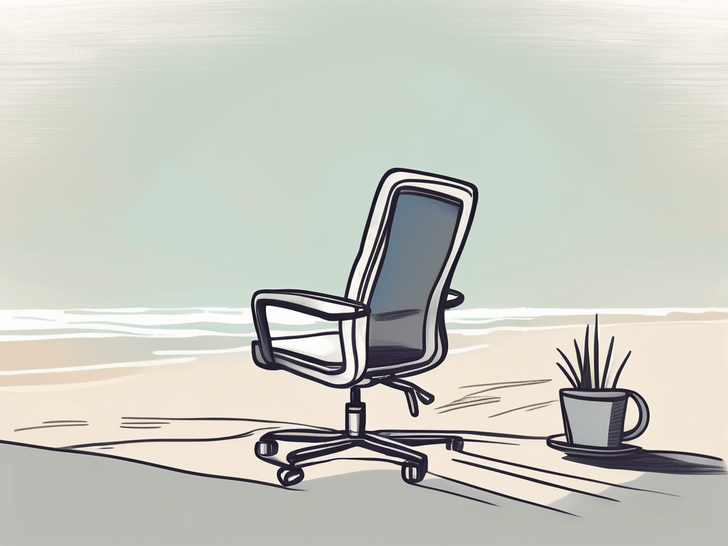 A serene beach scene with an empty office chair and a laptop