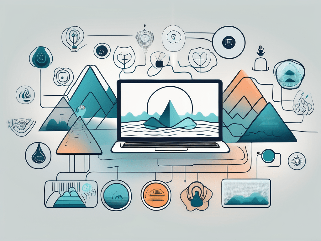 A serene digital landscape with different icons symbolizing wellness elements such as yoga