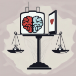 A balanced scale with one side holding a brain symbolizing personal development and the other side holding a heart symbolizing self-care