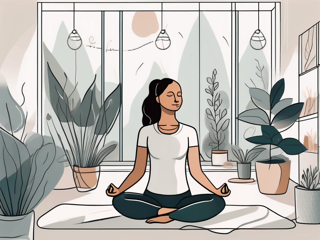 A serene office environment with elements like a yoga mat