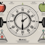 A balance scale with symbols of wellness (like a yoga mat