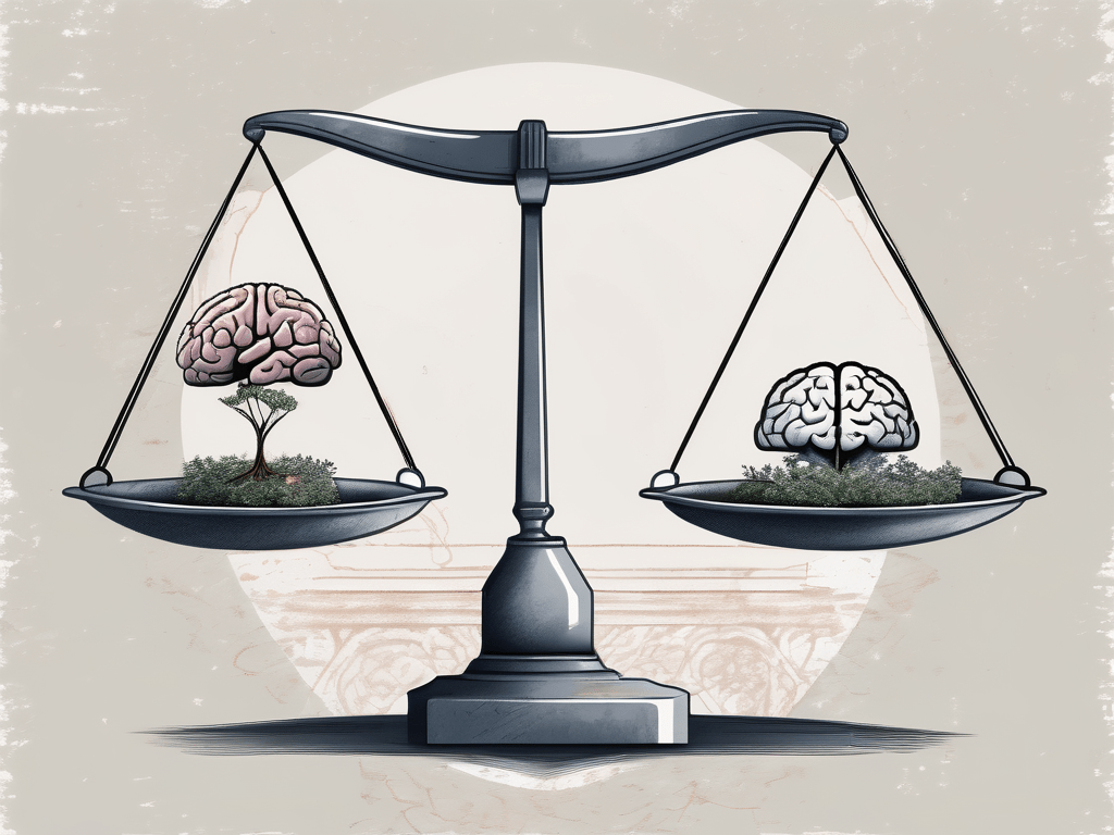 A balanced scale with a brain symbolizing intelligence on one side and a heart symbolizing emotions on the other