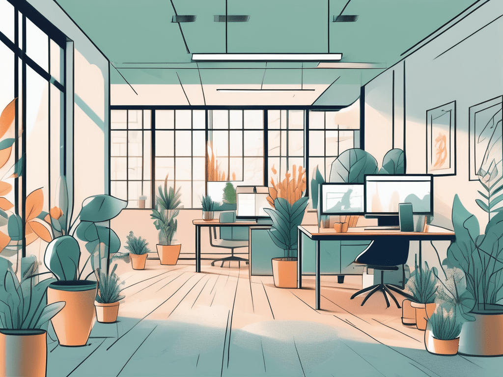 A vibrant office environment filled with symbolic elements like blooming plants