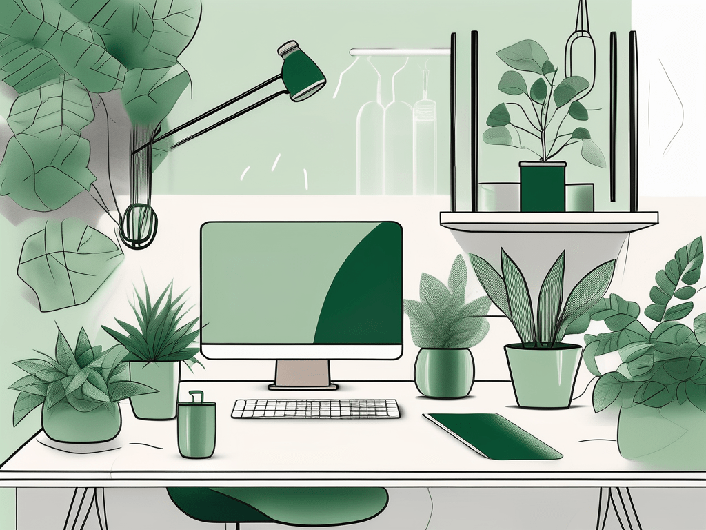 A serene and peaceful workspace filled with green plants