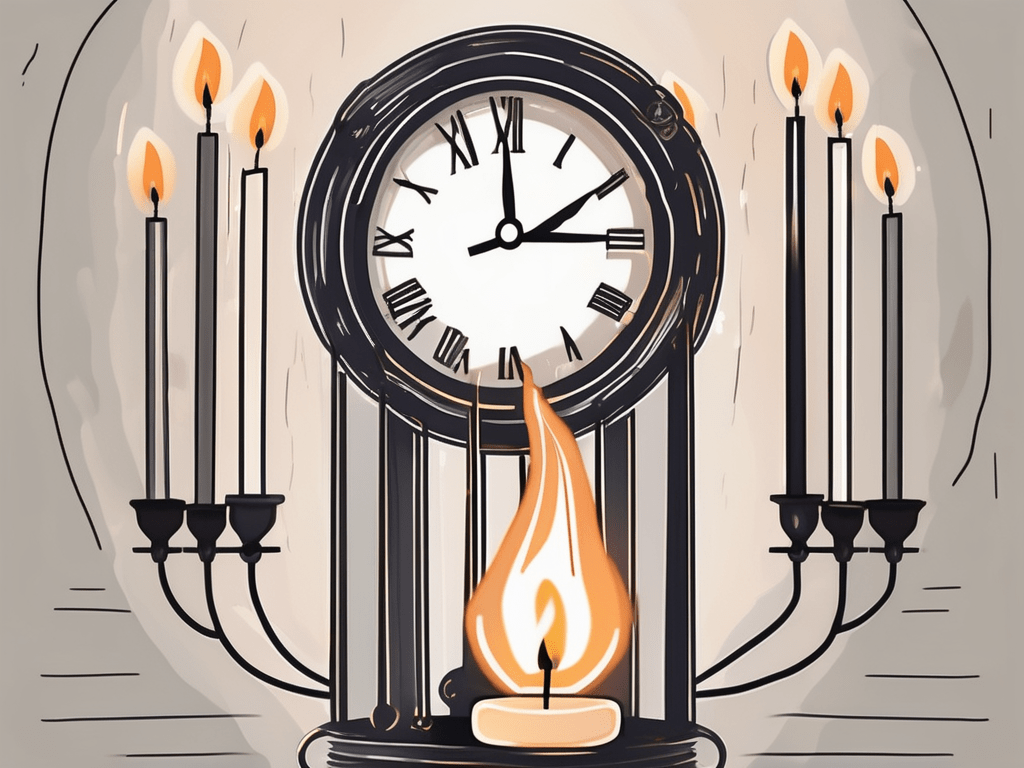 A candle burning at both ends against a backdrop of a clock