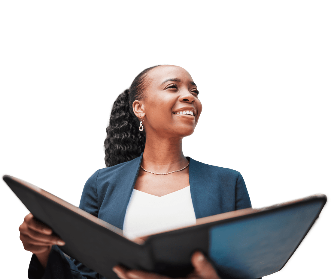 black-female-lawyer-thinking-of-education black woman government employee with a leather folder