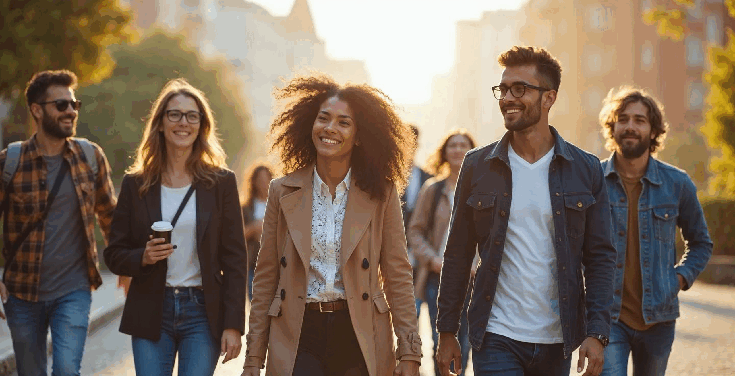 a group of diverse co-workers on a walk after work to hit daily steps